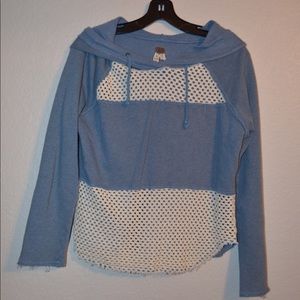 Free People Blue and White Crochet Hoodie